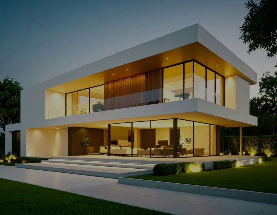 Fachada de casa contemporânea iluminada ao entardecer